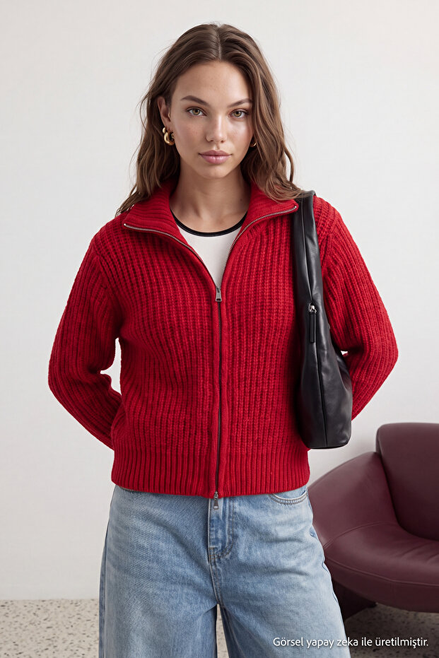 Wardrobe Essentials Kırmızı Fermuarlı Yumuşak Dokulu Geniş Kalıp Triko Hırka|TWOAW26HI00049