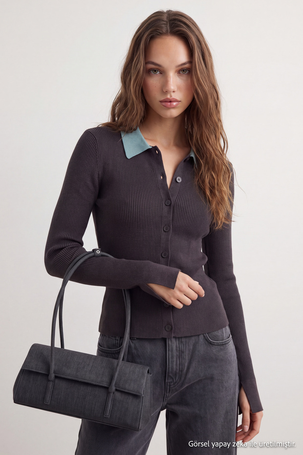 Wardrobe Essentials Antrasit Premium Özel İplik Polo Yaka Triko Hırka TWOAW26HI00225
