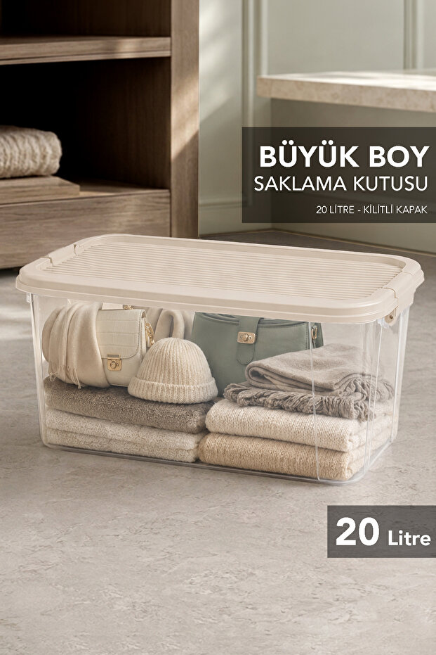 20Lt Lockable Lid Storage Box - Elora In-Cabinet Organizer Box Multi-Purpose Organizer Beige