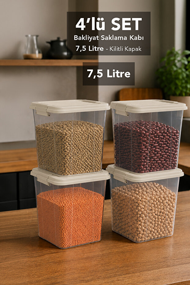 4 Pieces 7.5Lt Elora Organizer Box - Deep Kitchen Organizer with Lockable Lid Food Storage Container Beige