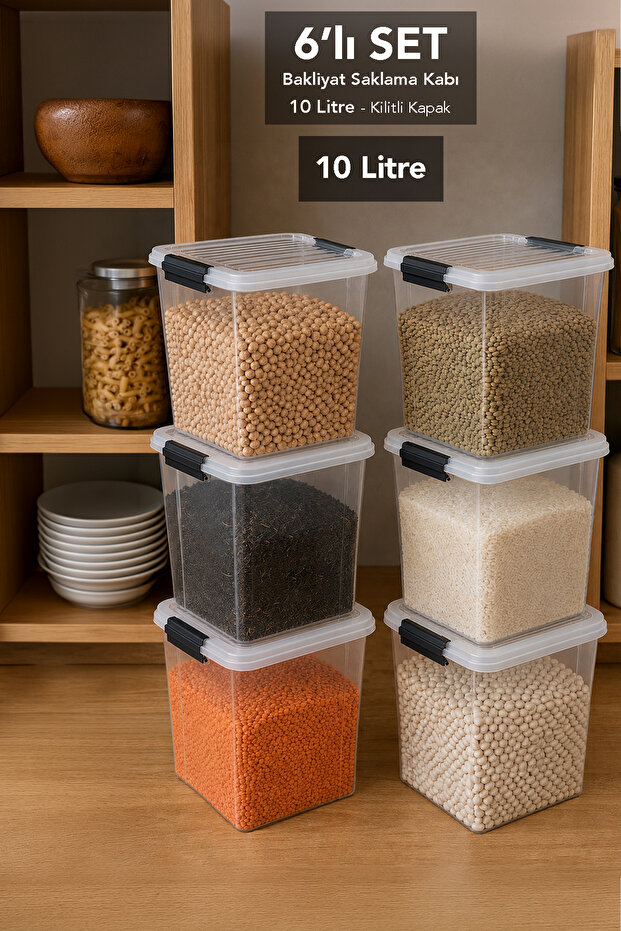 6-Piece 10Lt Lockable Lid Storage Box - Kitchen Organizer Deep Elora Food Storage Container Transparent