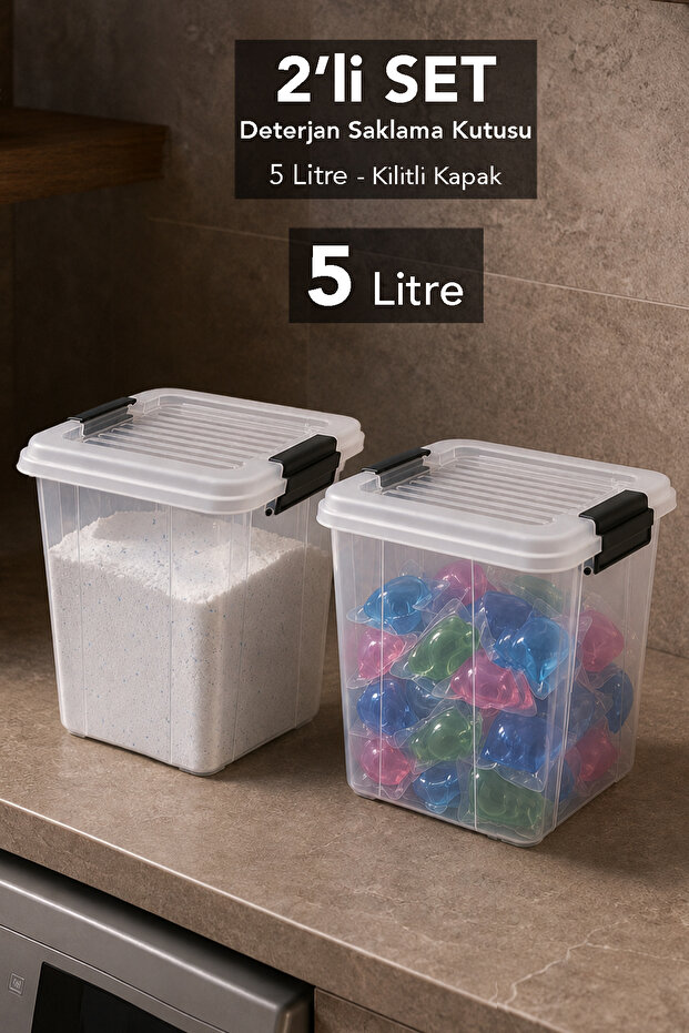 2-Pack 5Lt Lockable Lid Organizer Box - Bathroom Organizer Deep Elora Detergent Storage Box Transparent