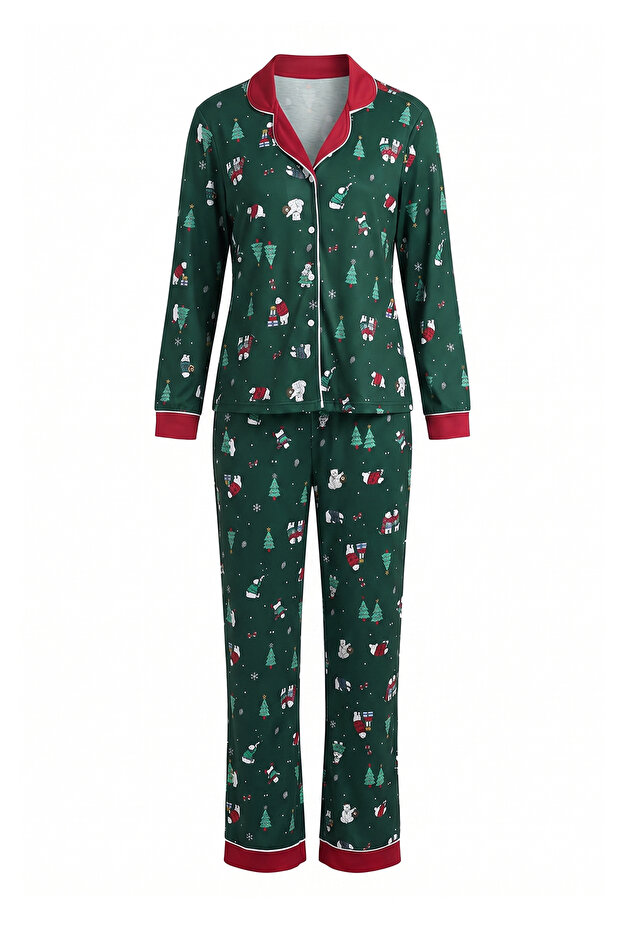 Yeşil %100 Pamuklu Yılbaşı Desenli Biye ve Yaka Detaylı Örme Pijama Takımı THMAW27PT00150
