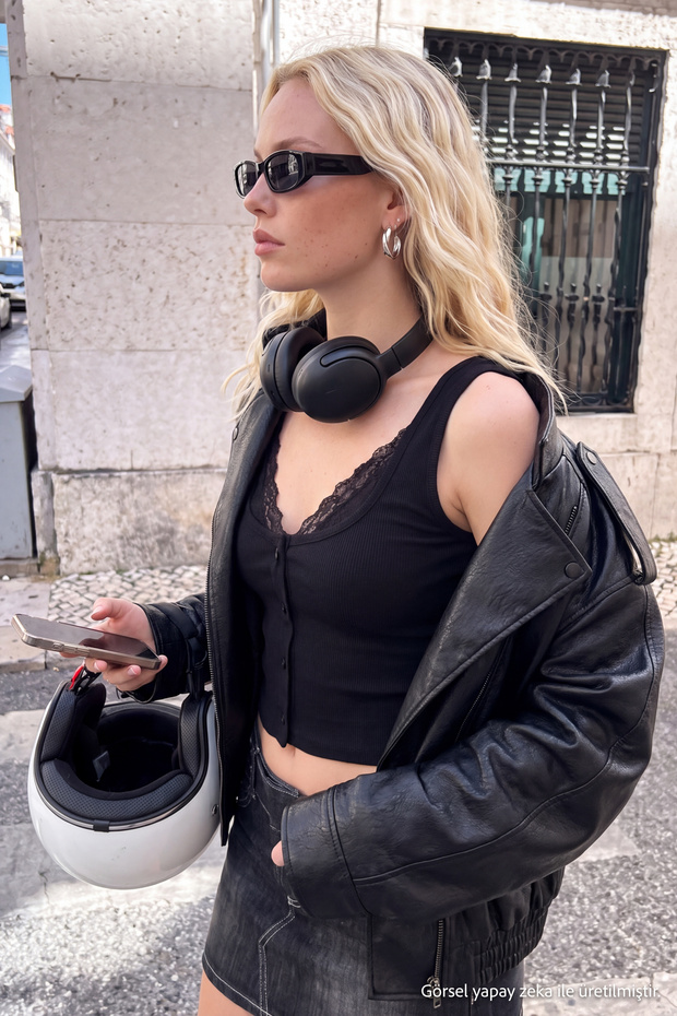 Siyah Düz Fitted Havuz Yaka Kolsuz Dantel Detaylı Crop Fitilli Esnek Örme Bluz TWOAW27BZ00209