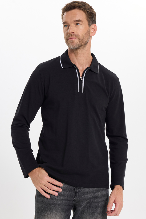 Men's slim fit 100% cotton long sleeve zip-up black polo collar sweatshirt