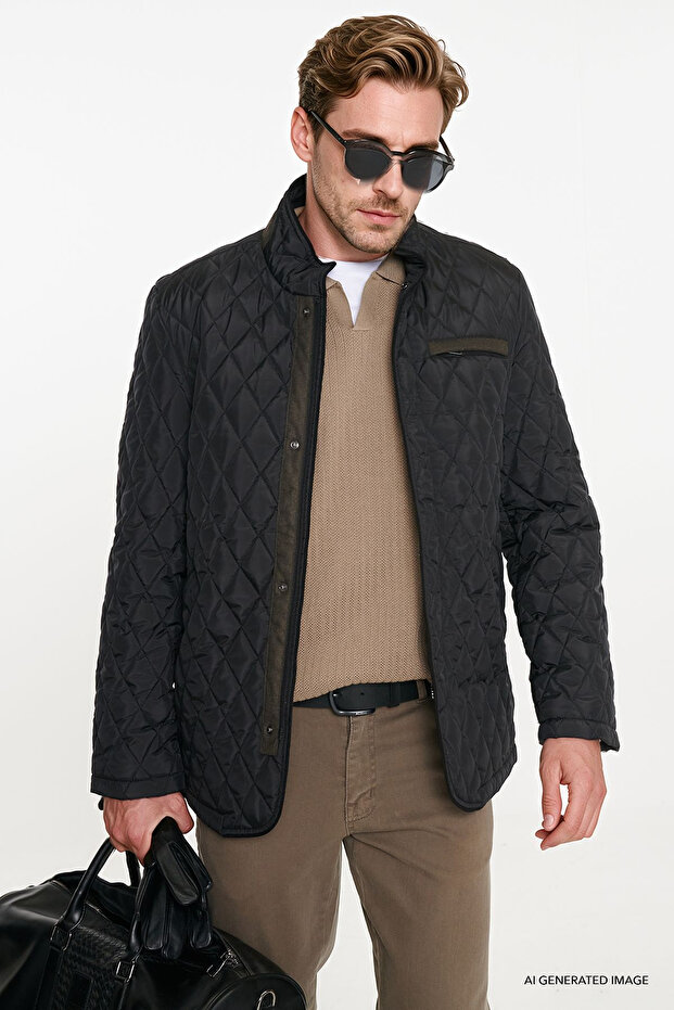 Men's Black Windproof Standard Fit Regular Cut Stand Collar Overcoat with Side Pockets