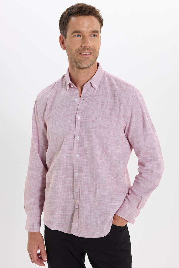 Men's Regular Fit Comfortable Cut 100% Cotton Linen Effect Plain Claret Red Shirt with Folded Sleeves