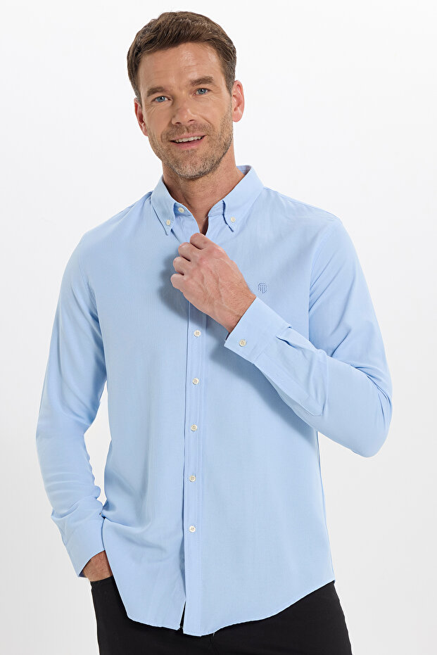 Men's Slim Fit Slim Fit Plain Oxford Embroidered Button-Down Collar Blue Sports Shirt