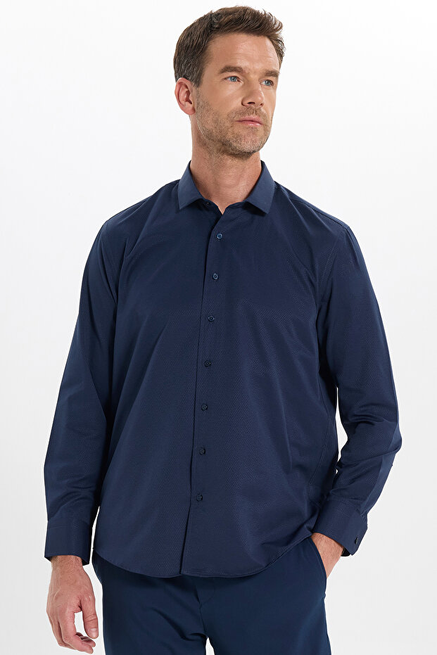 Men's Regular Fit Classic Cut Cotton Easy-Iron Dobby Navy Blue Shirt