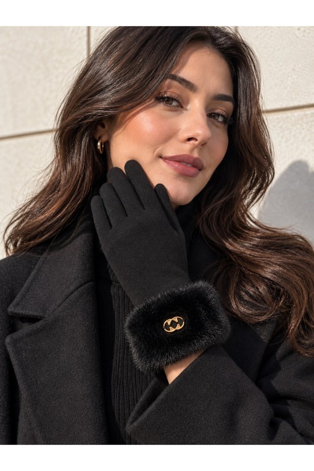 Women's Ankle Fur Touchscreen Black Gloves Eld29