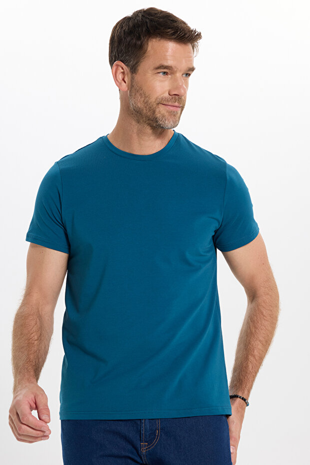 Men's Slim Fit Cotton Soft Texture Flexible Fabric Basic Petrol Blue Crew Neck T-Shirt
