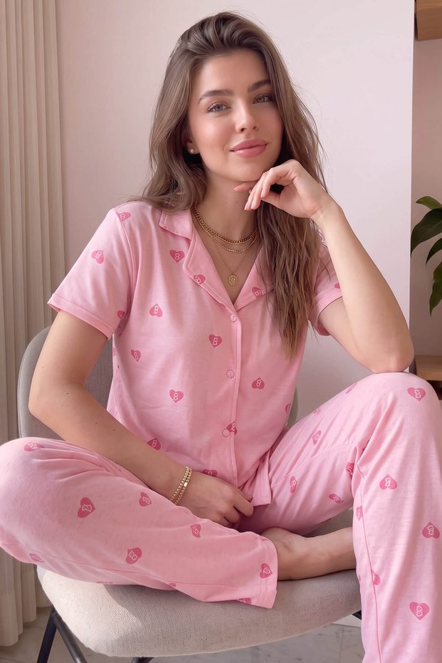 Pink B Patterned Bamboo Front Buttoned Short Sleeve Pajama Set