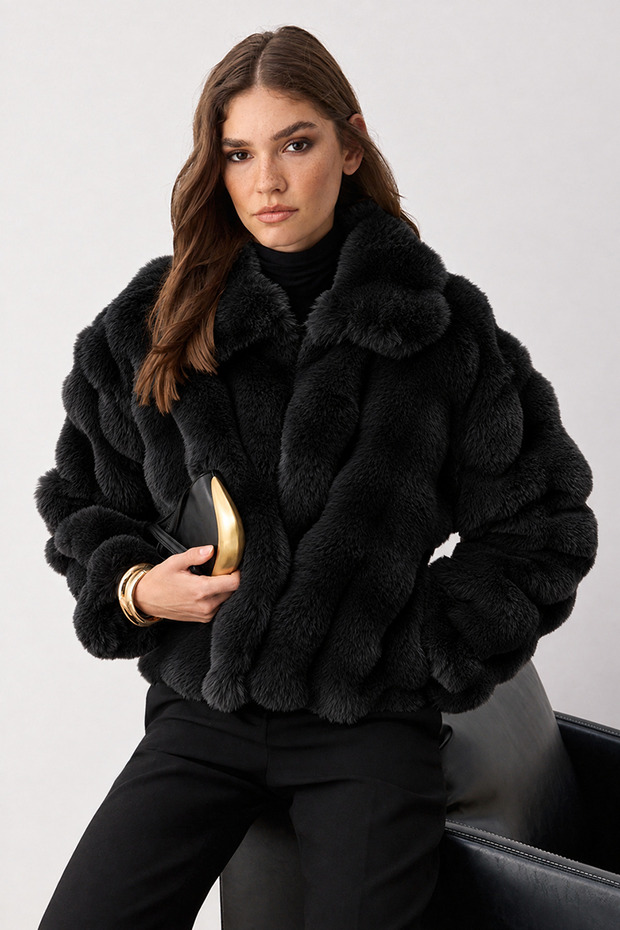 Siyah Oversize Kalıp Kürk Mont TWOAW26MO00105