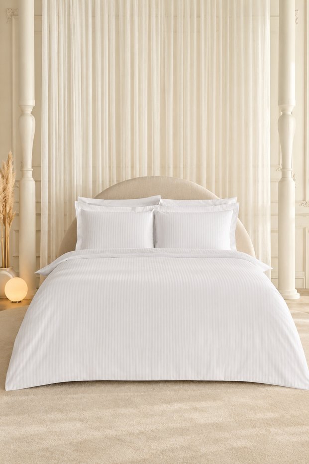 White Collection Vessa 120 Thread 100% Cotton Satin Double Duvet Cover Set Striped Bey