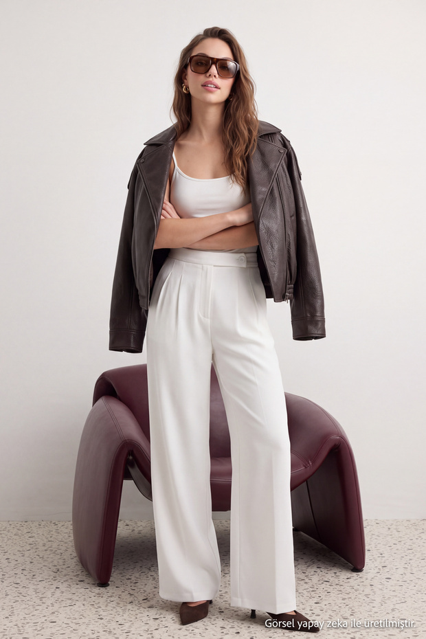 Ekru Wide Leg/Geniş Paça Yüksek Bel Dokuma Kumaş Pantolon TWOAW22PL0066