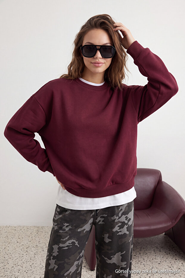 Burgundy Oversize/Relaxed Fit Basic Crew Neck Thick/Fleece-Lined Knitted Sweatshirt Twoaw24Sw00102