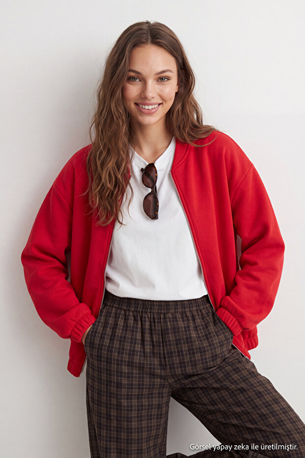 Kırmızı Fermuarlı Oversize/Geniş Kalıp Kalın İçi Polarlı Örme Hırka/Sweatshirt TWOAW25SW00122