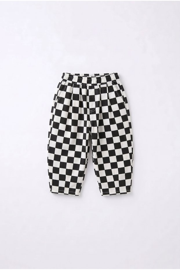 Children's Cotton Black and White Checkered Patterned Trousers