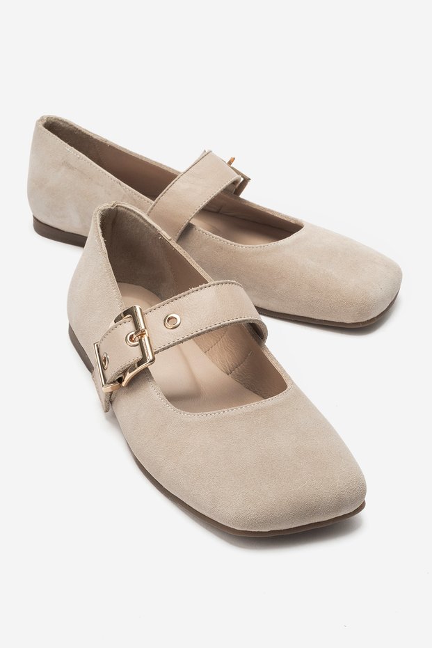 Jonas Beige Suede Genuine Leather Women's Ballerina Shoes with Belt