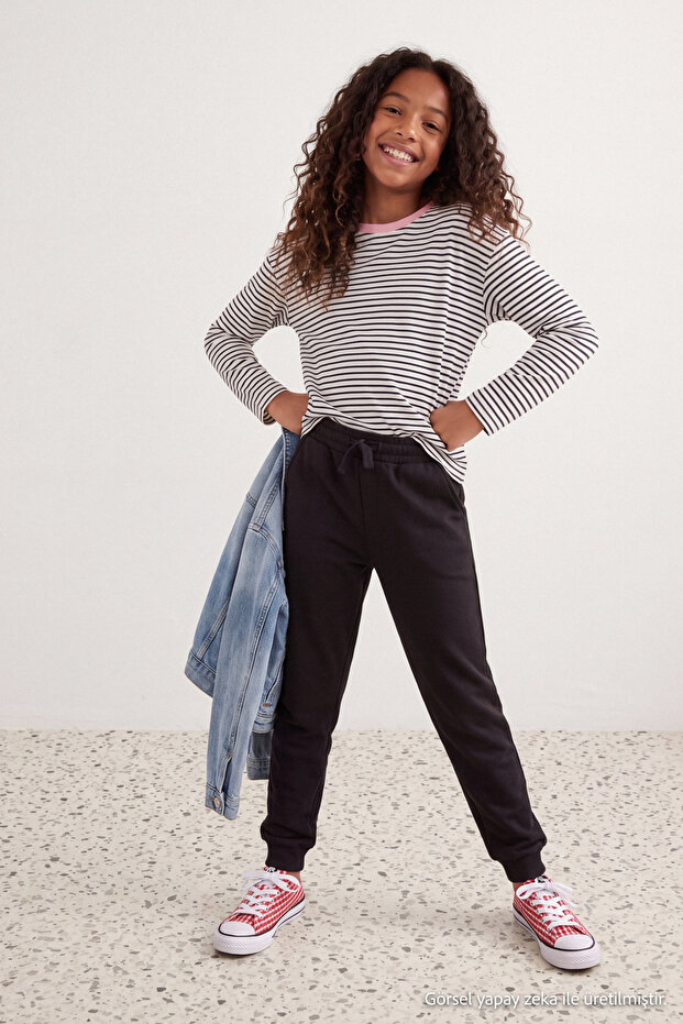 Black Plain/Basic Girls' Jogger Thick Non-Padded Knitted Sweatpants