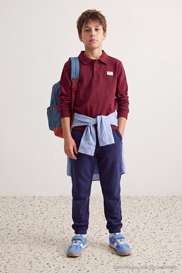 Bordo Pamuklu Polo Yaka Erkek Çocuk Kalın Şardonsuz Sweatshirt ve Eşofman Örme Takım TKDAW27AU00011