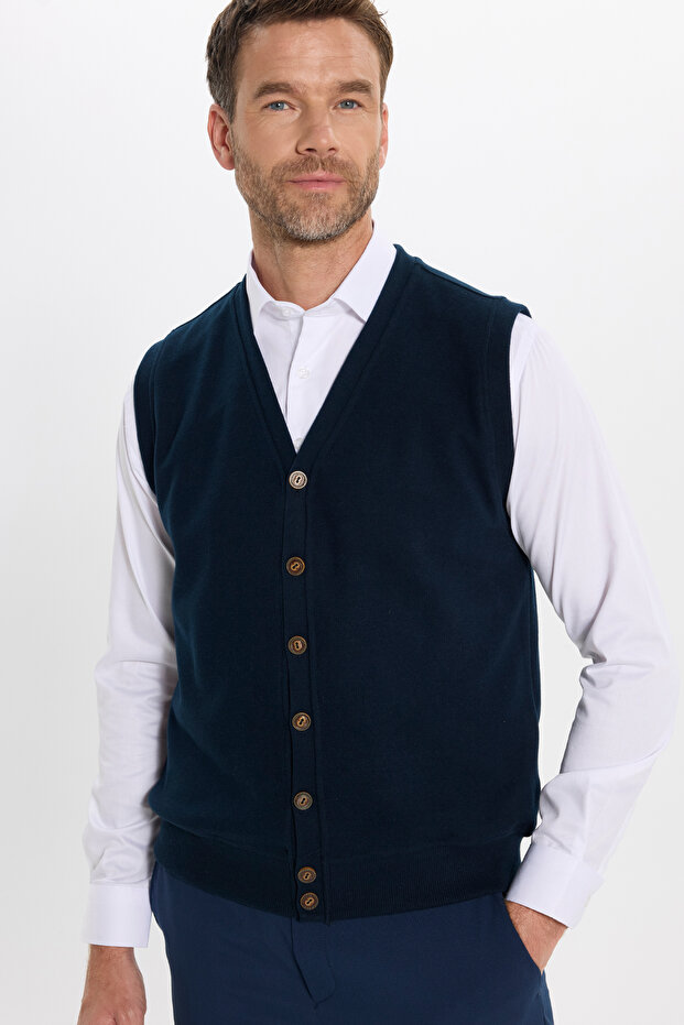 Men's Regular Fit Classic Cut V-Neck Zero Sleeve Buttoned Thessaloniki Fabric Navy Blue Vest