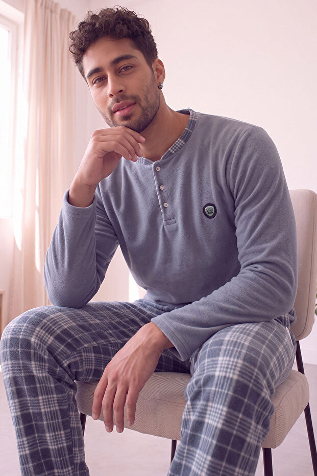 Smoked Plaid Patterned Fleece Men's Pajama Set