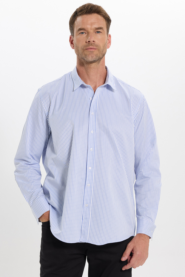 Men's Regular Fit Comfortable Cut Long Sleeve Easy-Iron Gingham Blue Shirt