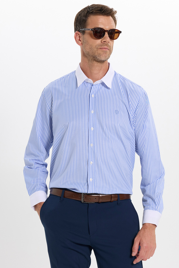 Regular Fit Comfortable Cut Embroidery Detailed Long Sleeve Cotton Striped Blue Men's Shirt