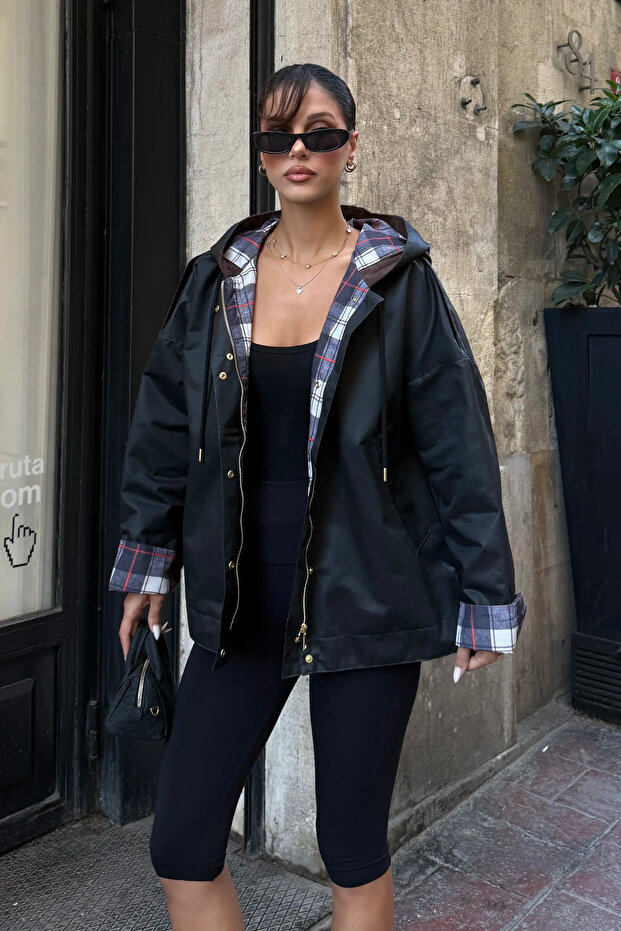 Women's Black Plaid Lined Hooded Wax Jacket
