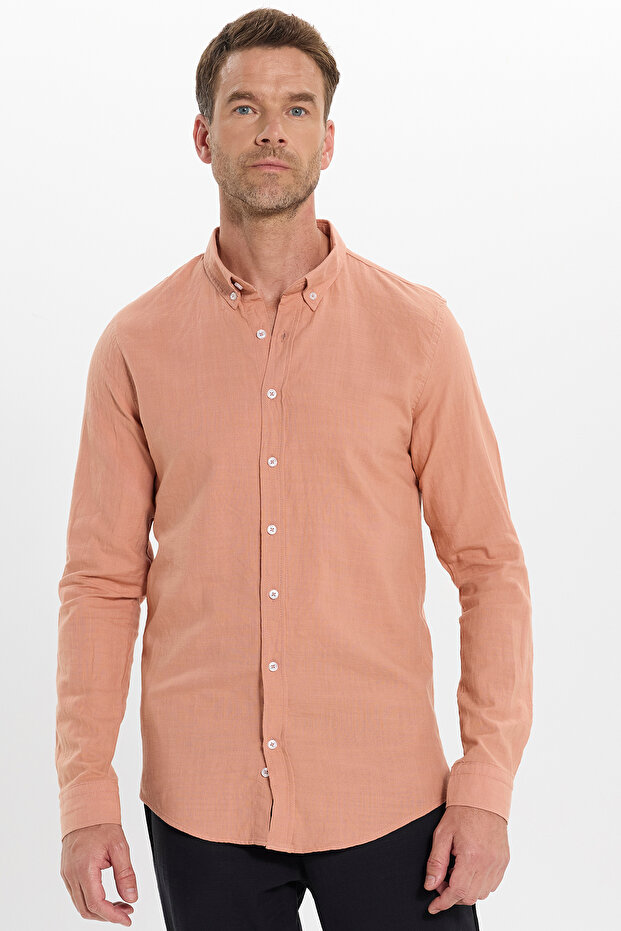 Men's Slim Fit 100% Cotton Buttoned Collar Flam Linen Orange Shirt