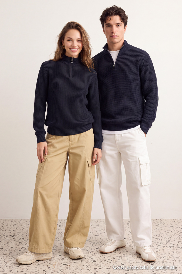Lacivert Casual Regular Fit Couple/Çift Yarım Balıkçı Fermuarlı Yaka Kazak TMNAW22KZ1908