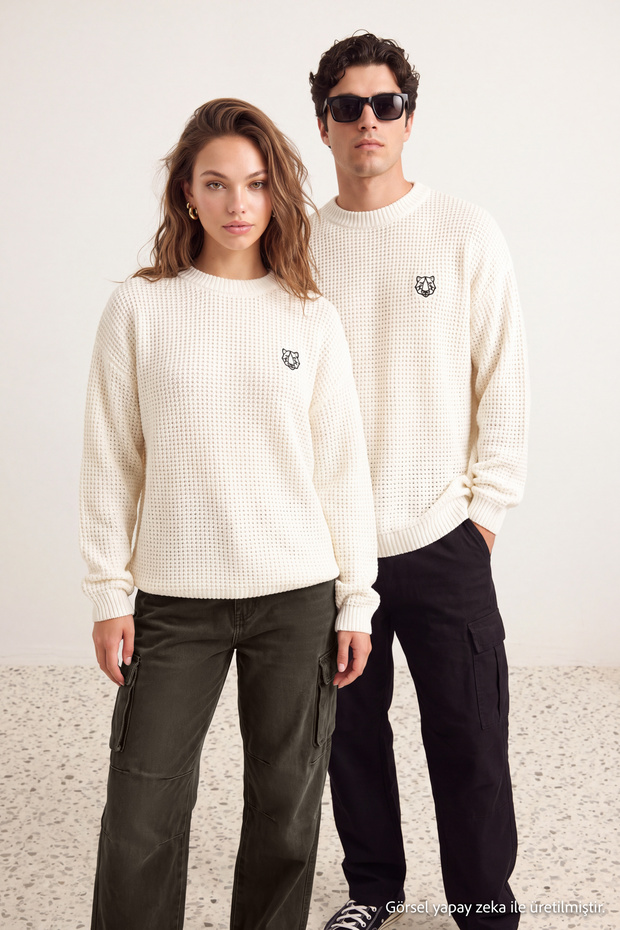 Ekru Oversize Fit Geniş Kalıp Bisiklet Yaka Nakışlı Triko Kazak TMNAW24KZ00032