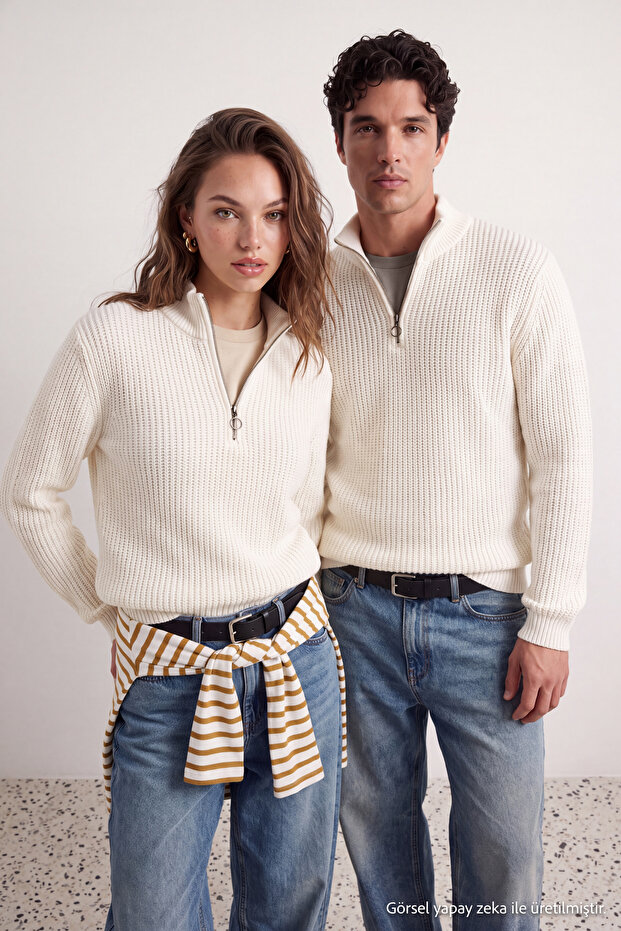 Ekru Casual Regular Couple/Çift Yarım Balıkçı Yaka Düz Triko Kazak TMNAW22KZ1908