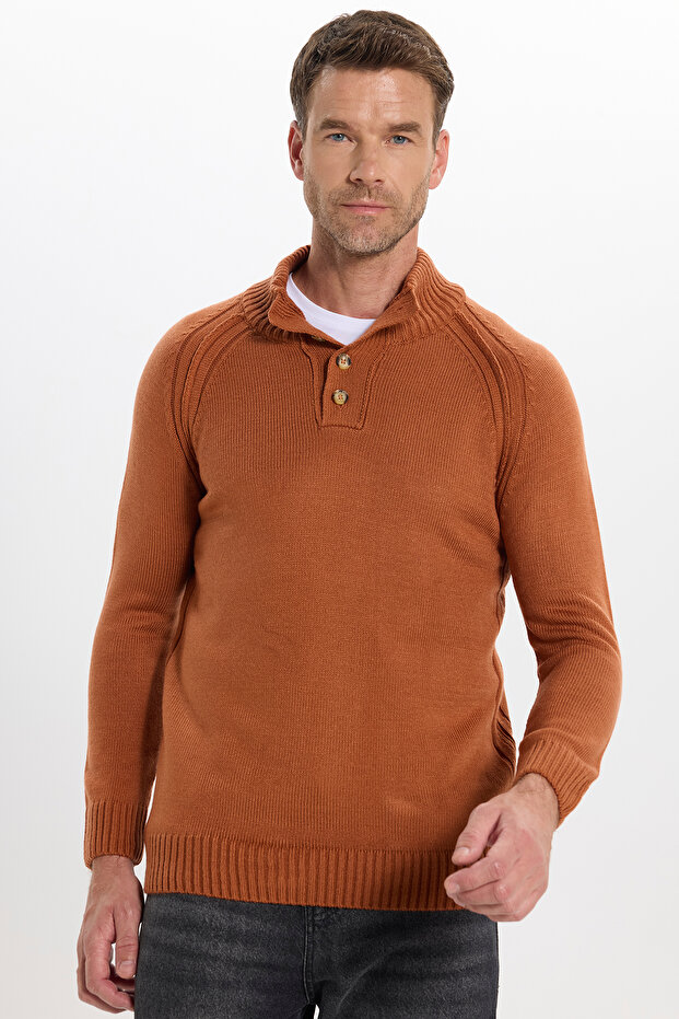 Men's Slim Fit Slim Fit Stand Collar Buttoned Cinnamon Knitwear Sweater
