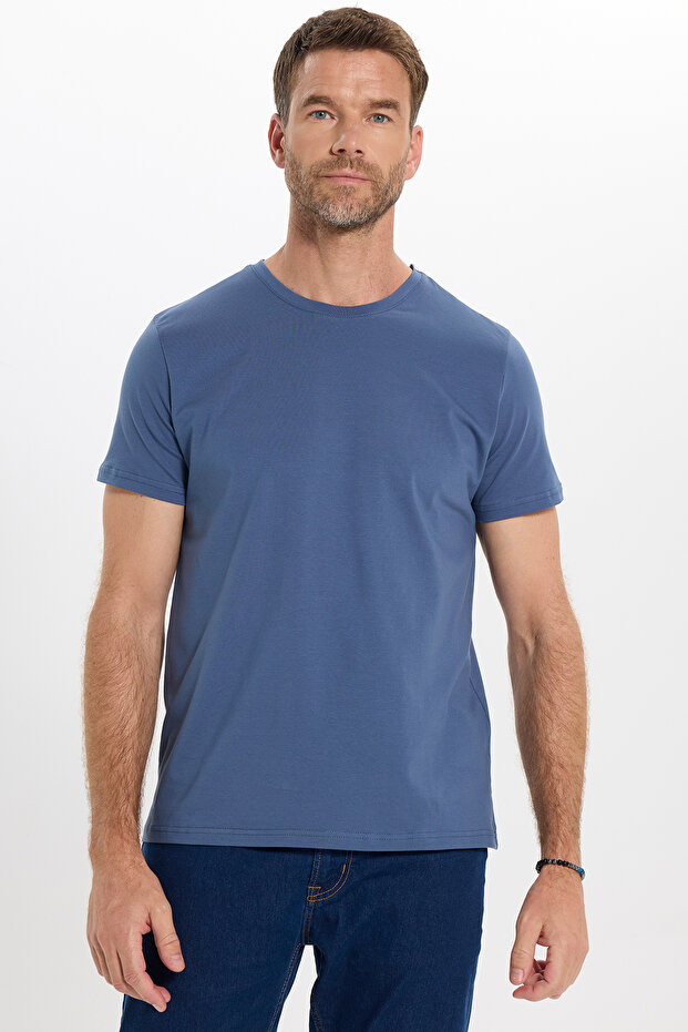 Men's Slim Fit Cotton Soft Texture Flexible Fabric Basic Indigo Crew Neck T-Shirt