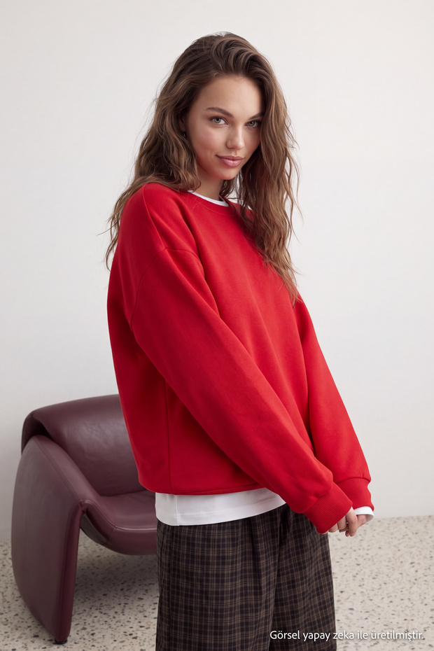 Kırmızı Oversize/Rahat Kesim Basic Bisiklet Yaka Kalın/İçi polarlı Örme Sweatshirt TWOAW24SW00102