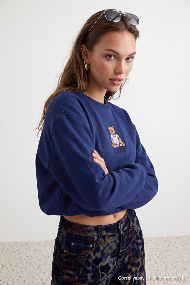 Lacivert Regular/Normal Kalıp Nakışlı Kalın Örme Sweatshirt TWOAW25SW00050