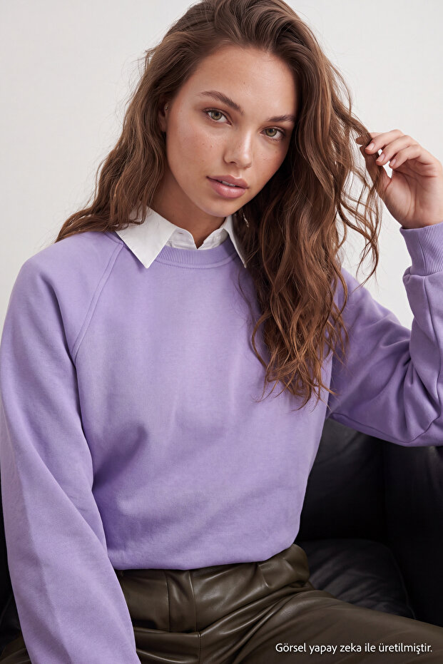 Lila Relaxed/Rahat Kalıp Basic Reglan Kol Bisiklet Yaka Örme Sweatshirt TWOAW24SW00104
