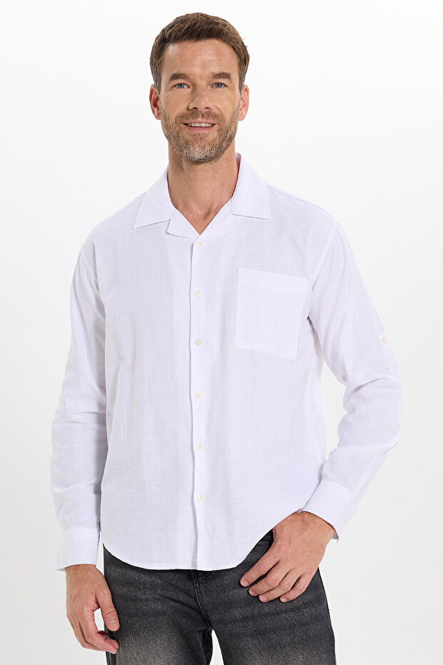 Men's Relax Fit Comfortable Cut Oversized 100% Cotton Linen Texture Apaş Collar White Shirt