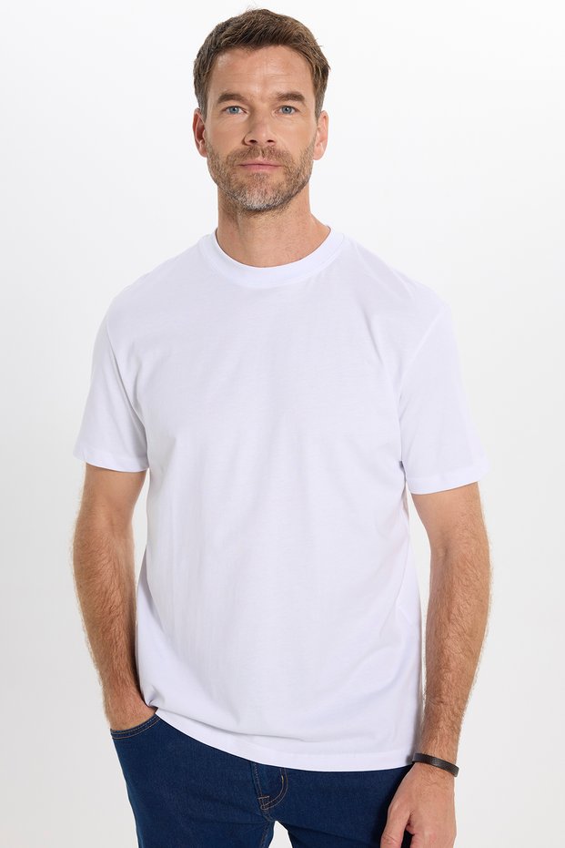 Men's Loose Fit Comfortable Cut 100% Cotton Short Sleeve White Crew Neck T-Shirt