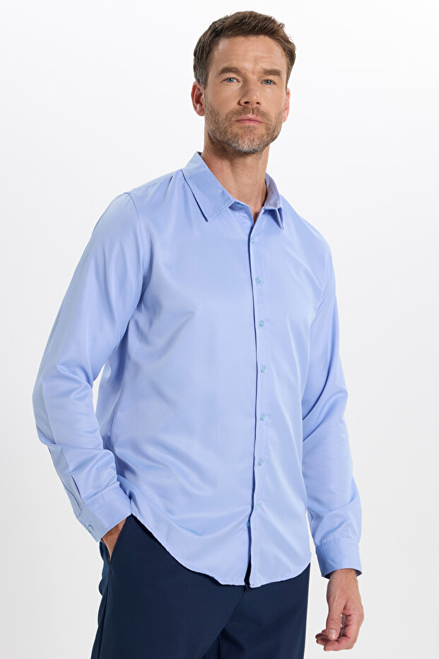 Slim Fit Long Sleeve Easy-Iron Sweat-Comfortable Tie-Down Collar Four Seasons Blue Men's Shirt