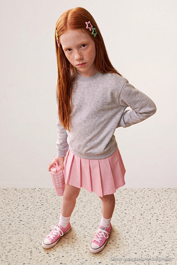 Gray Girls' Cotton Thick/Inner Fleece Plain/Basic Crew Neck Knitted Sweatshirt Tkdaw27Sw00058