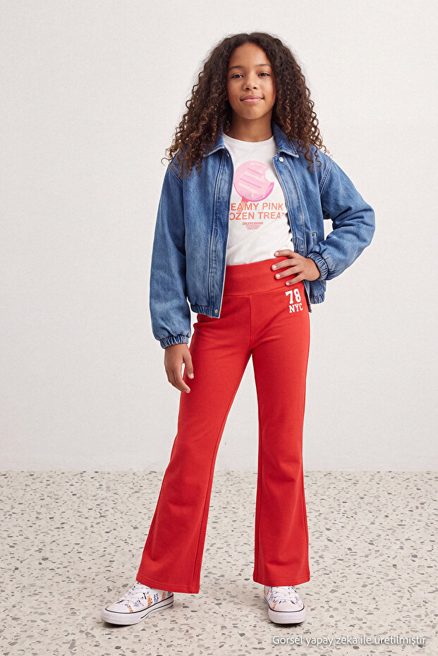 Red Girl Child Flare/Spanish Leg Printed Waist Fold Knitted Leggings Tkdaw27Ta00001
