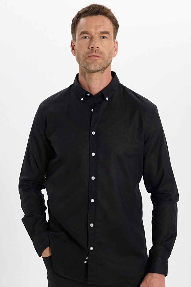 Men's Slim Fit Long Sleeve Linen Premium Series Button-Down Collar Sporty Black Shirt