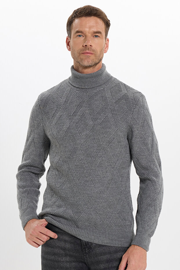 Men's Slim Fit Slim Fit Full Turtleneck Patterned Gray Knitwear Sweater