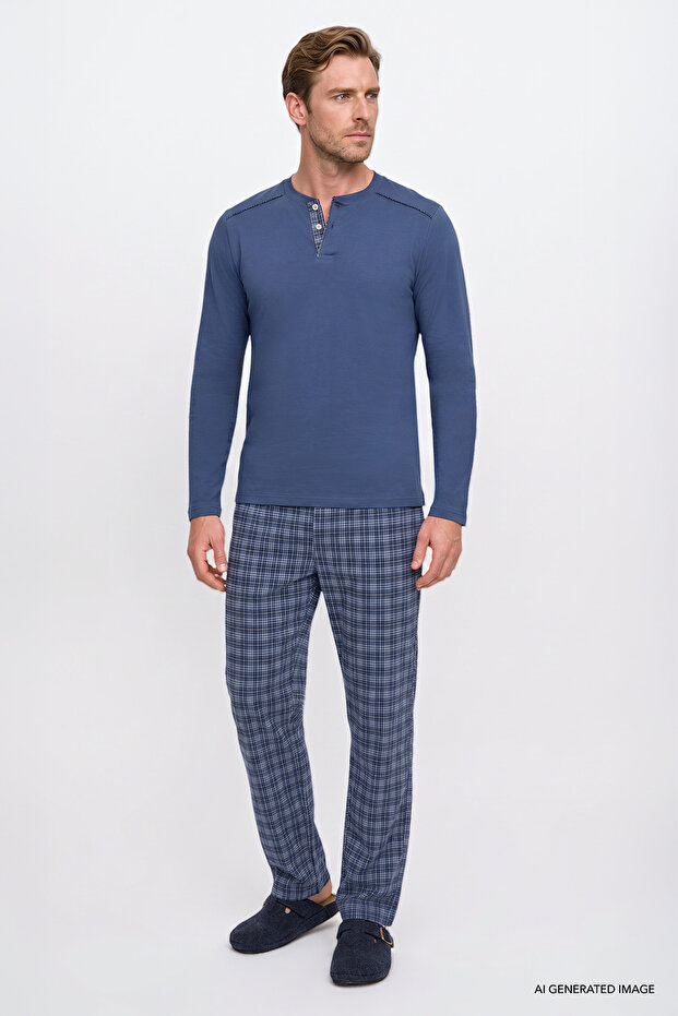 Men's Indigo 100% Cotton Standard Fit Court Collar Patterned Pocketed Pajama Set Groom's Gift Set