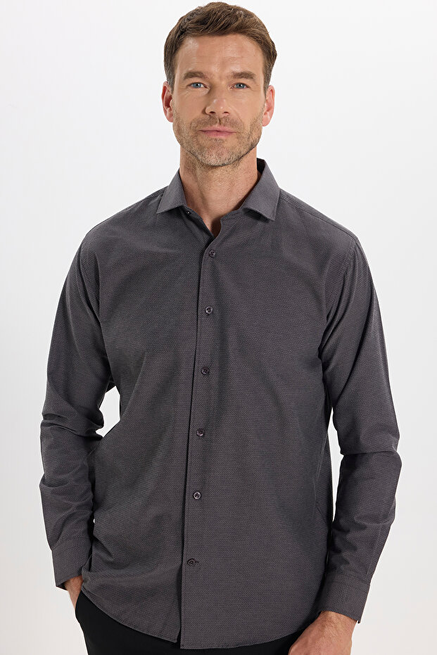 Men's Regular Fit Comfortable Cut Long Sleeve Cotton Easy-Iron Dobby Gray Shirt