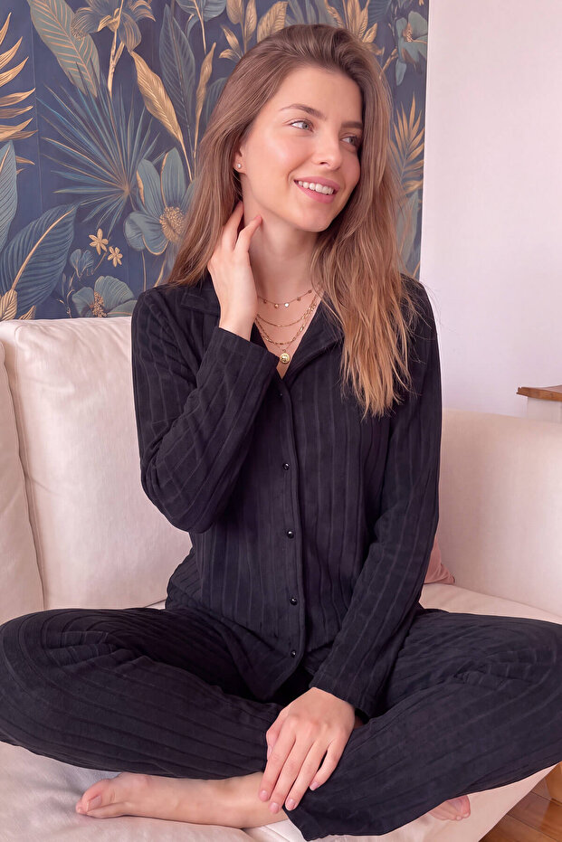 Black Plain Front Buttoned Plush Fleece Pajama Set