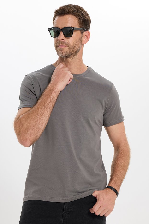 Men's slim fit cotton soft touch stretchy fabric basic grey crew neck t-shirt
